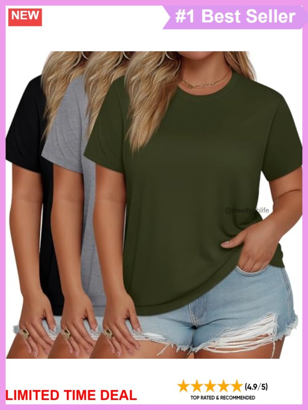 Plus Size Crew Neck Short Sleeve T-Shirts 3 Pack Loose Fit